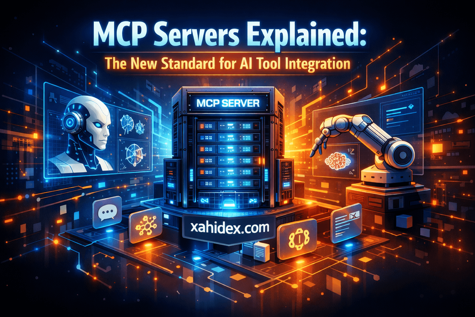 Futuristic illustration of an MCP server powering AI tool integration, with connected AI interfaces and robotic systems, branded with xahidex.com