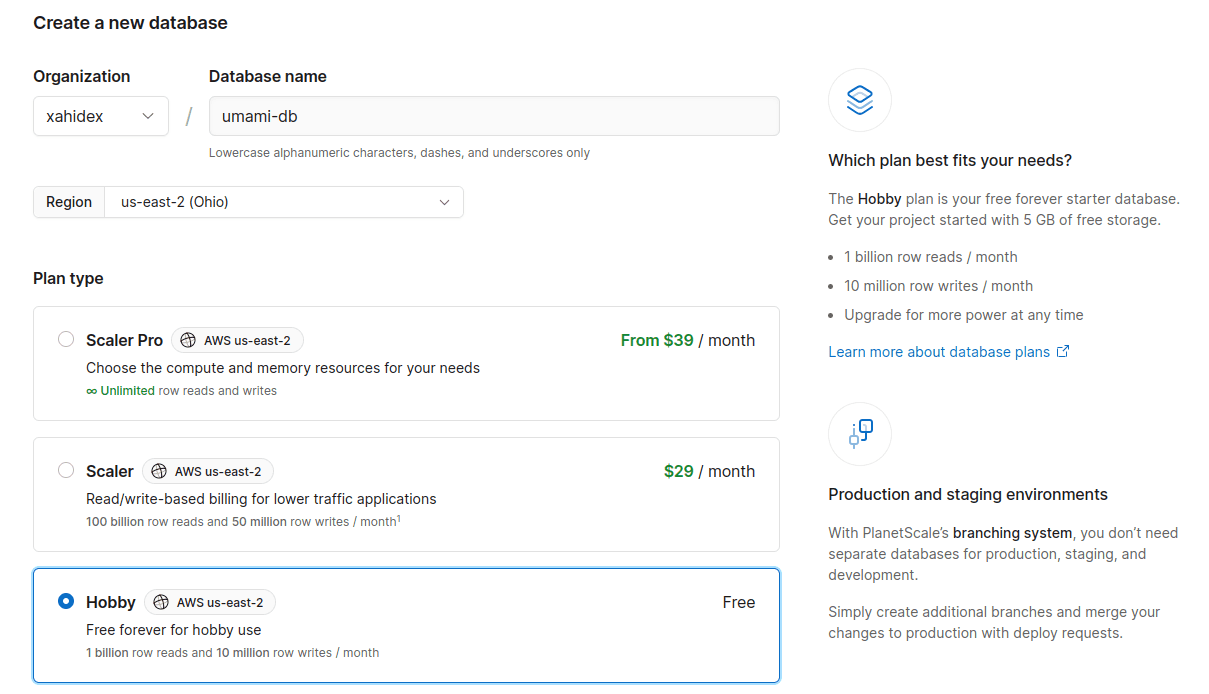 creating database with planetscale quickly